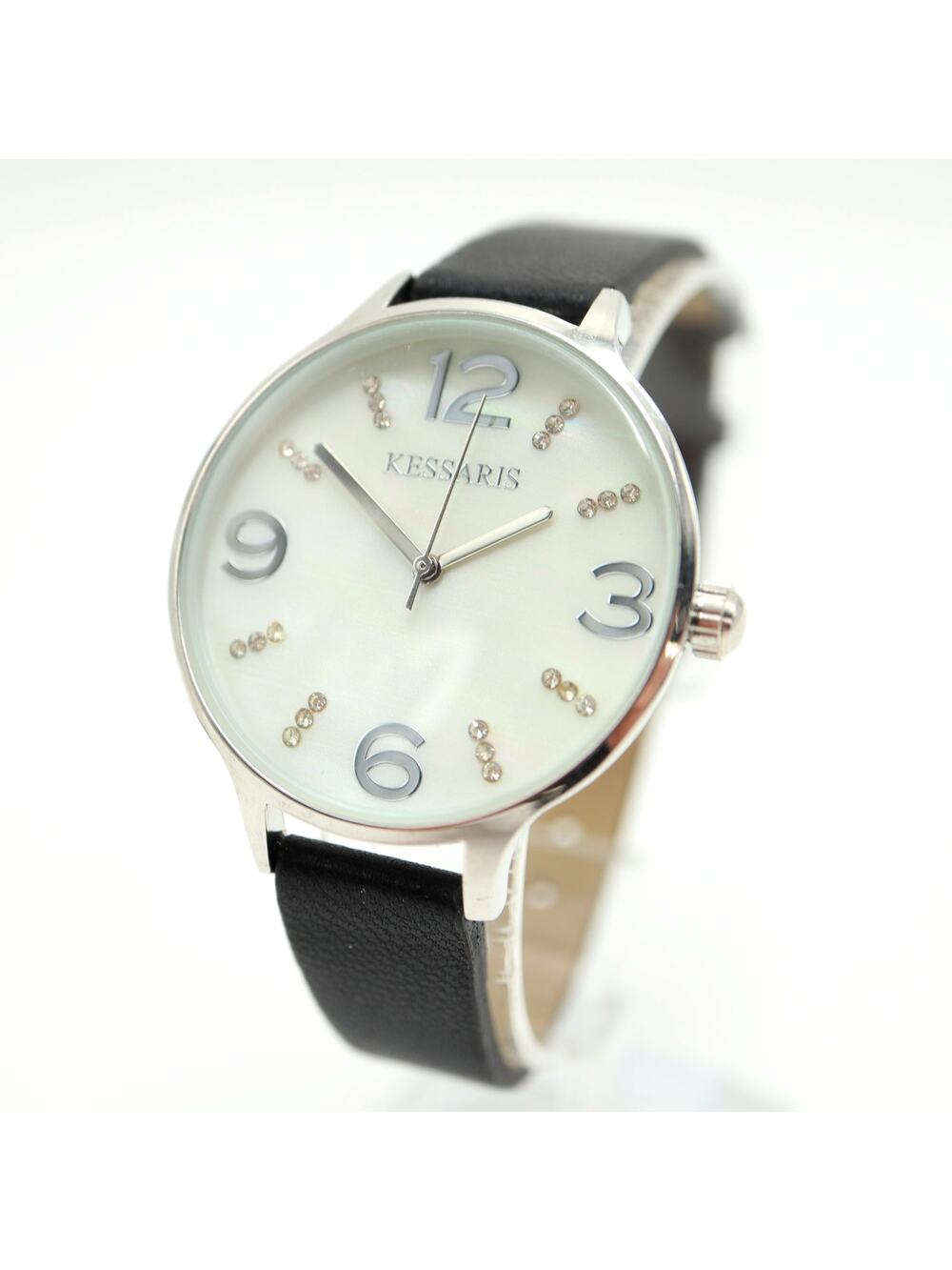 Kessaris Womens Silver MOP Watch 37mm Diamon Dial Black Faux Leather New Battery